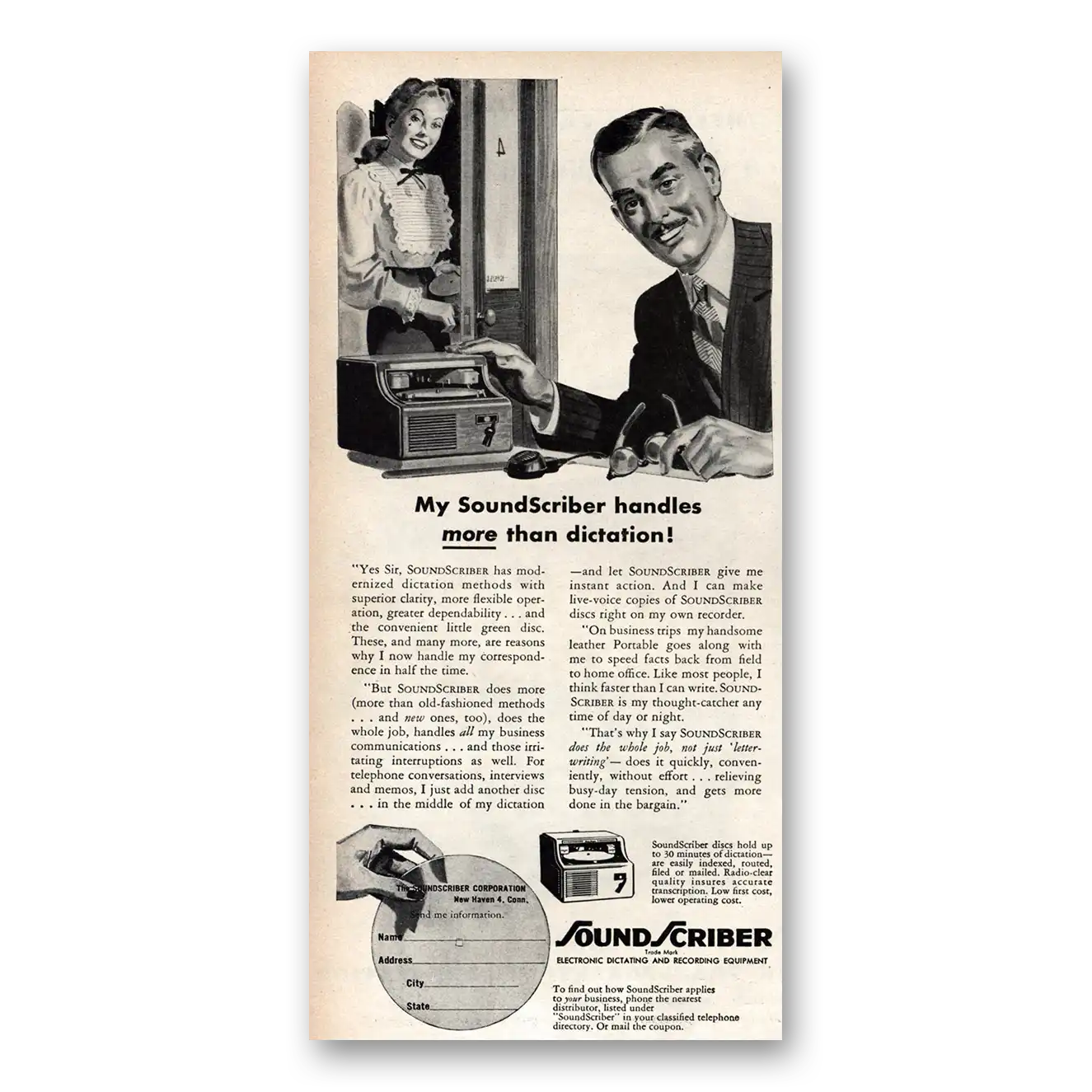 1948 SoundScriber Handles More Than Dictation Vintage Magazine Print Ad