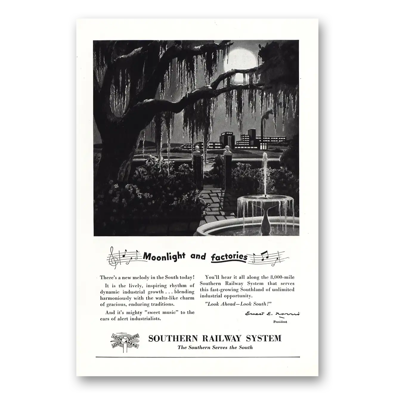 1948 Southern Railway Moonlight and Factories Vintage Magazine Print Ad