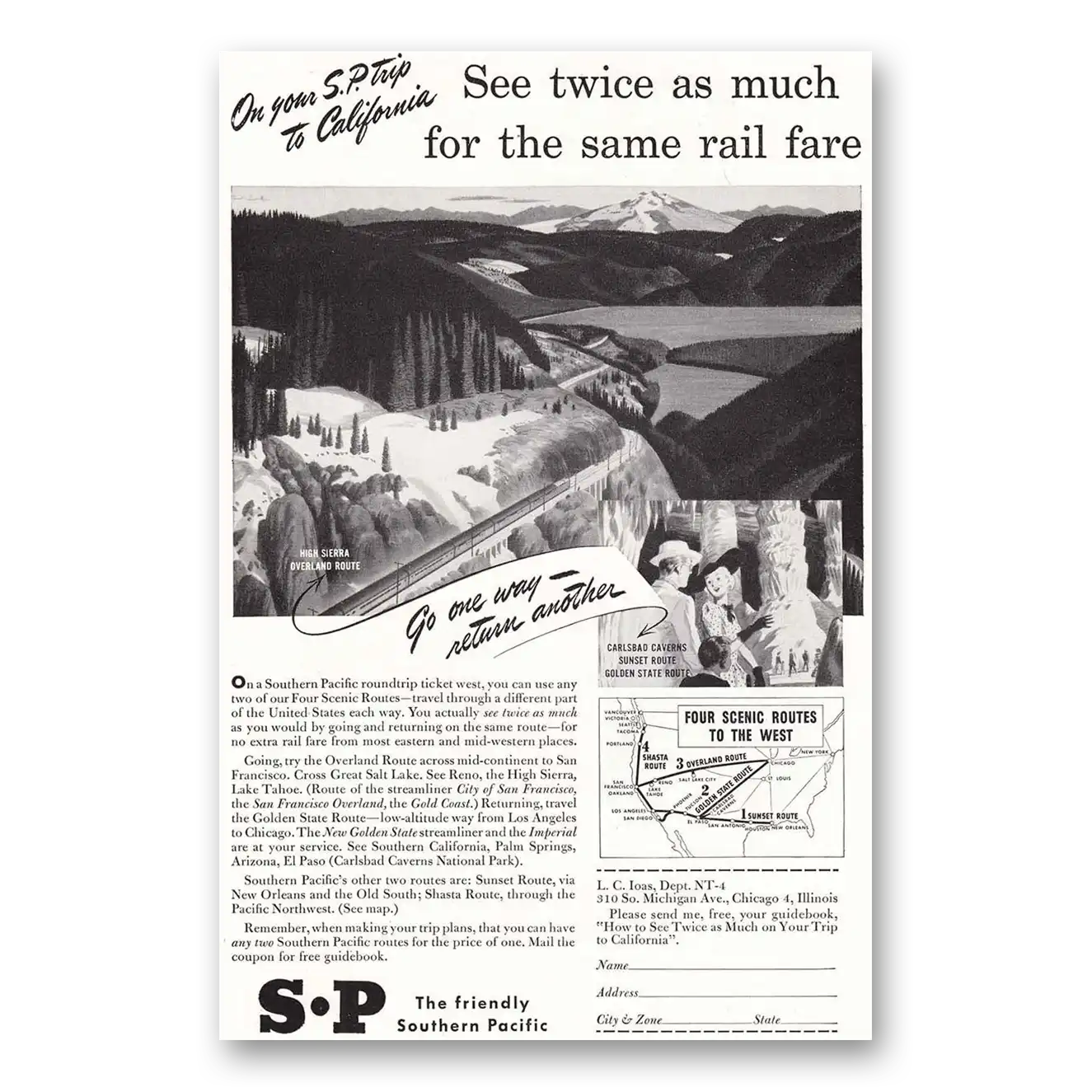 1948 Southern Pacific High Sierra Overland Route Vintage Magazine Print Ad