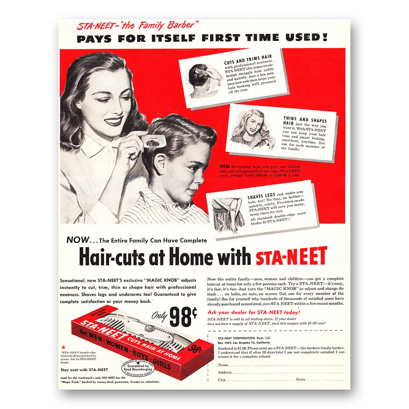 1948 Sta-Neet Family Barber Hair Cuts at Home Vintage Magazine Print Ad