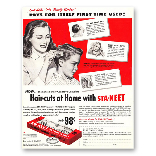 1948 Sta-Neet Family Barber Hair Cuts at Home Vintage Magazine Print Ad