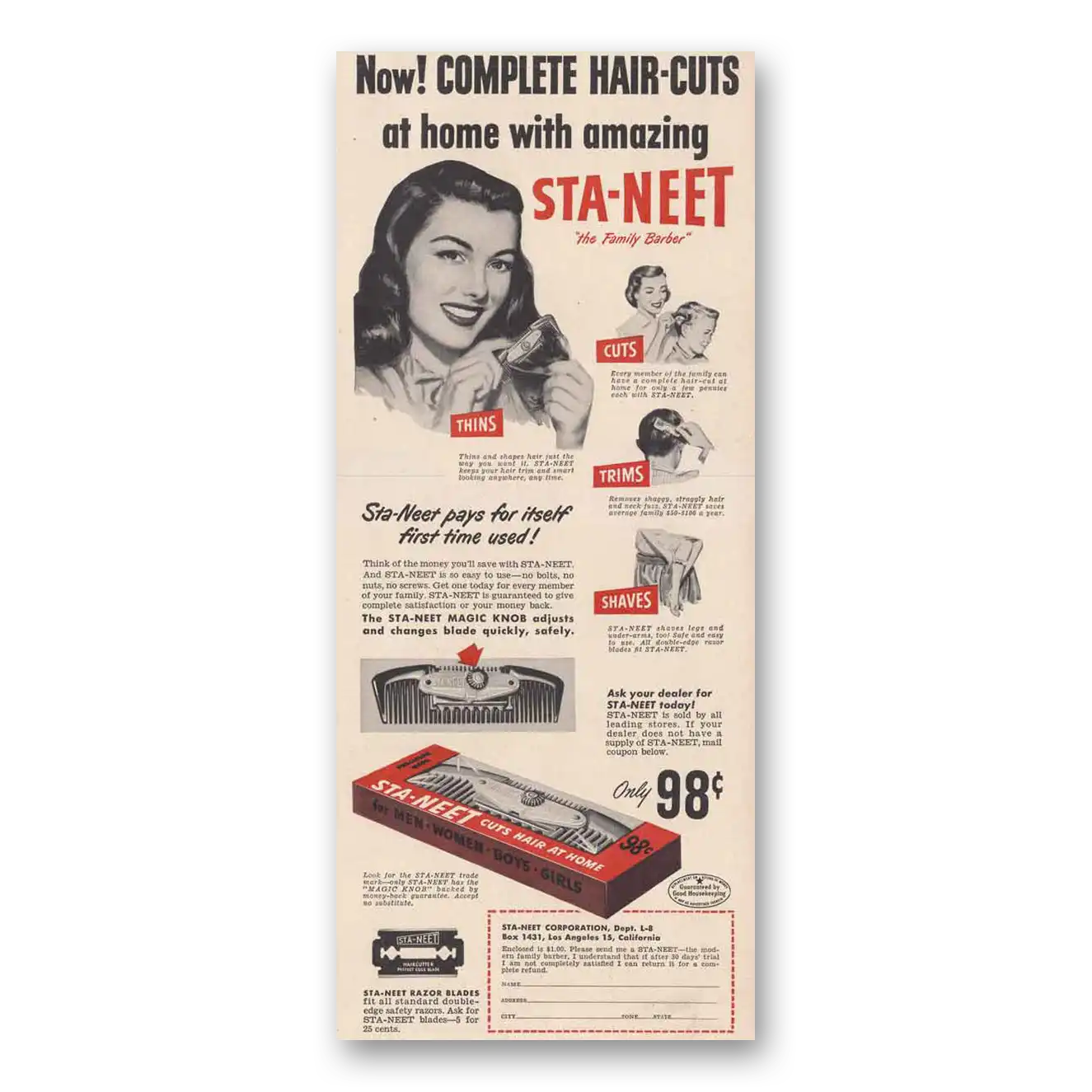 1948 Sta-Neet Complete Hair Cuts Vintage Magazine Print Ad