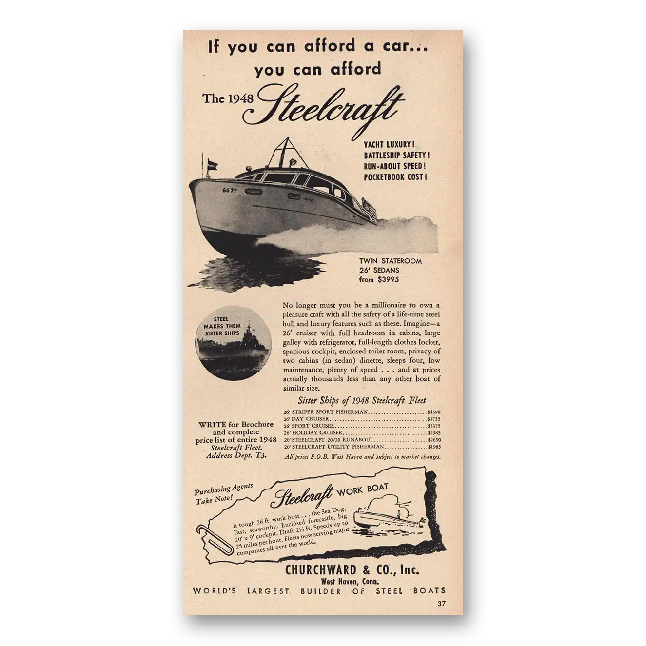 1948 Steelcraft Work Boat If You Can Afford Car Vintage Magazine Print Ad