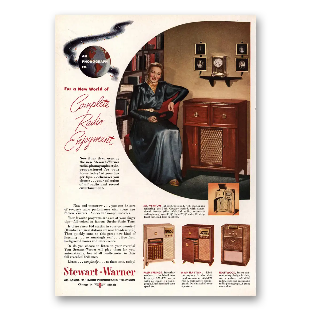 1948 Stewart Warner Radios Complete Radio Enjoyment Vintage Magazine Print Ad