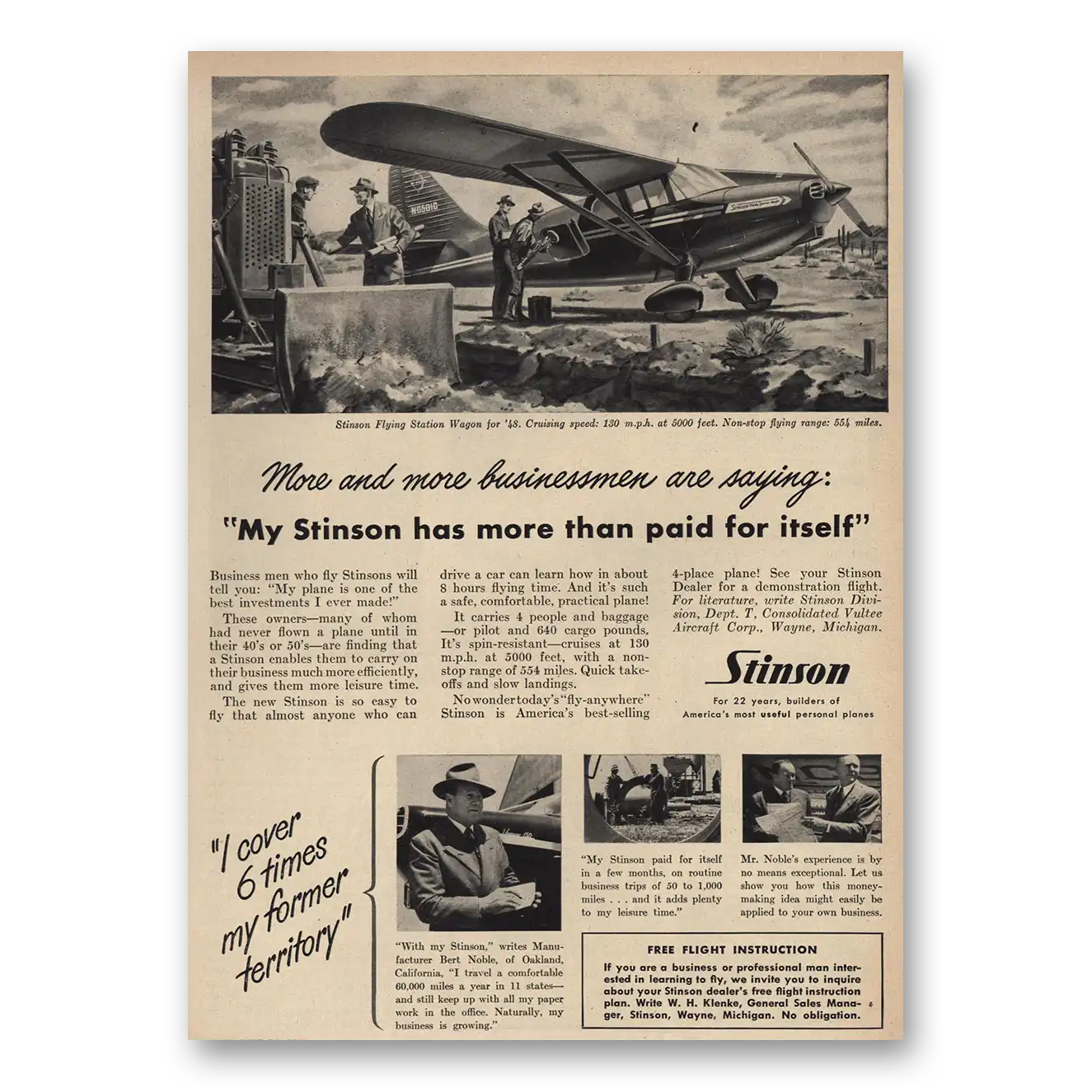 1948 Stinson Flying Station Wagon Airplane More Than Paid for Itself Vintage Magazine Print Ad