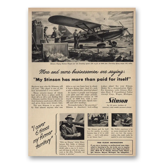 1948 Stinson Flying Station Wagon Airplane More Than Paid for Itself Vintage Magazine Print Ad