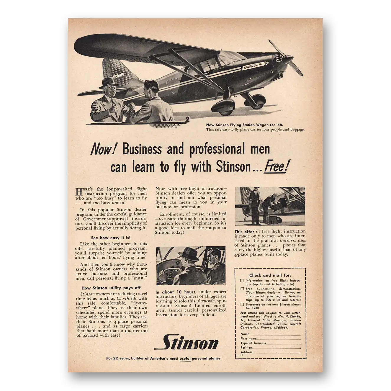 1948 Stinson Flying Station Wagon Airplane Business and Professional Men Vintage Magazine Print Ad