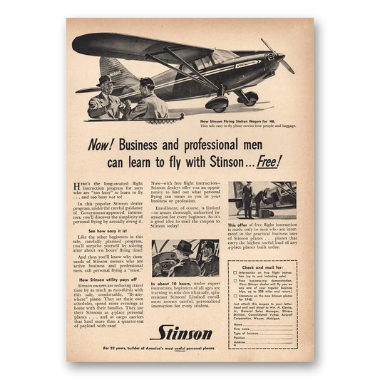 1948 Stinson Flying Station Wagon Airplane Business and Professional Men Vintage Magazine Print Ad