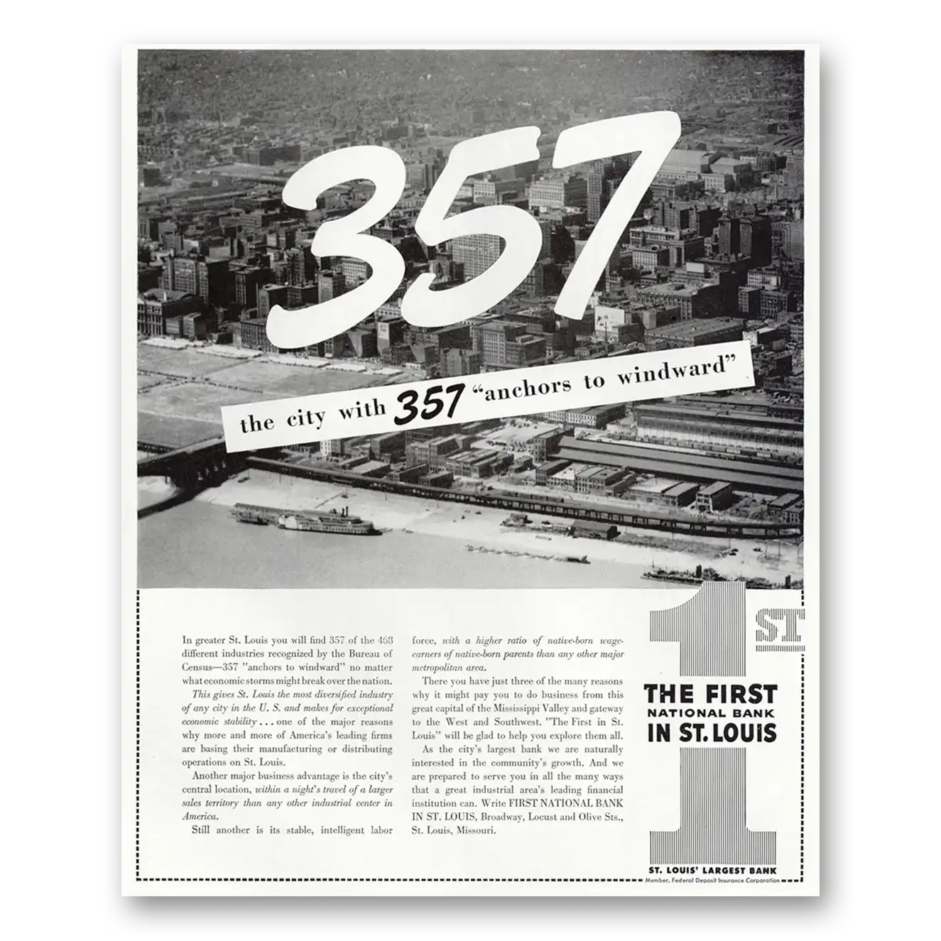 1948 First National Bank St Louis Anchors to Windward Vintage Magazine Print Ad