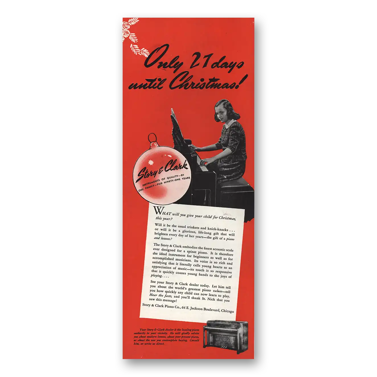 1948 Story & Clark Piano Only 27 Days Until Christmas Vintage Magazine Print Ad