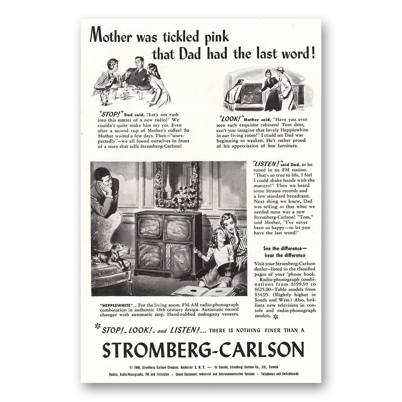 1948 Stromberg Carlson Radios Mother was Tickled Pink Vintage Magazine Print Ad