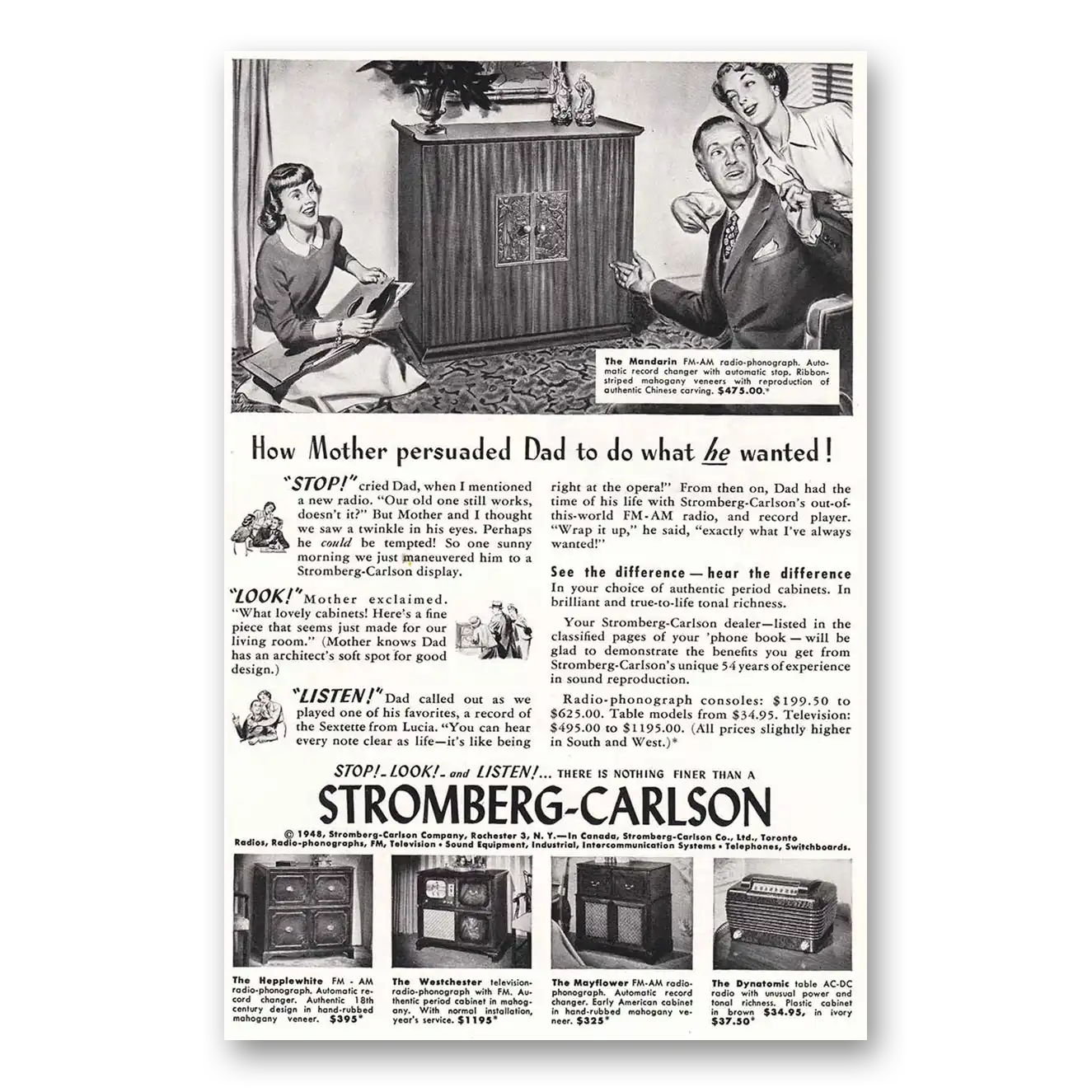 1948 Stromberg Carlson Radios How Mother Persuaded Dad Vintage Magazine Print Ad