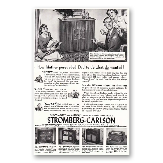 1948 Stromberg Carlson Radios How Mother Persuaded Dad Vintage Magazine Print Ad