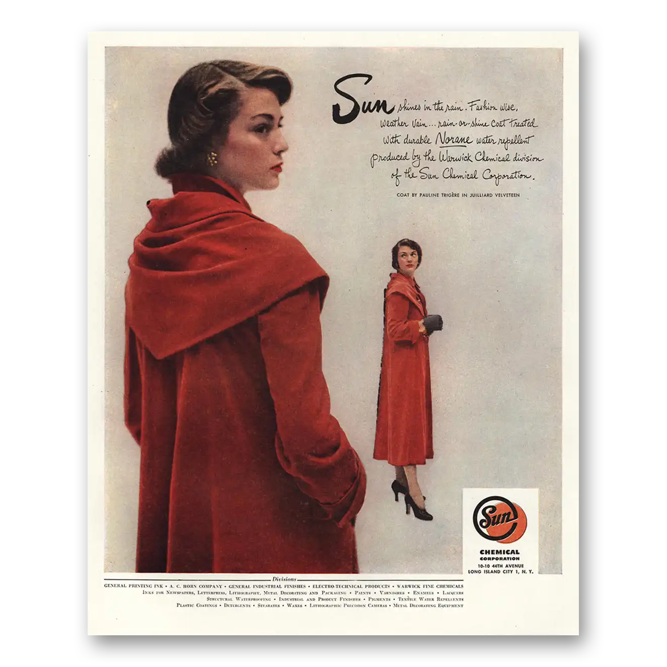 1948 Sun Chemical Norane Sun Shines In the Rain Fashion Wise Vintage Magazine Print Ad