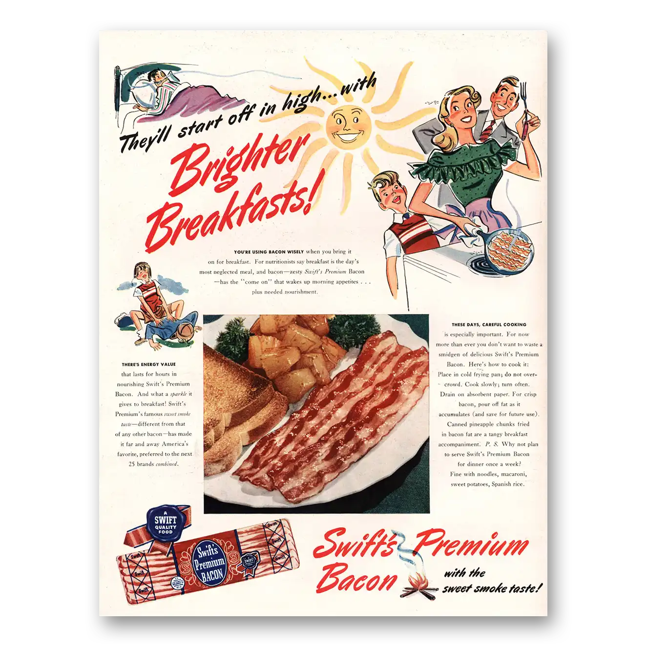 1948 Swift Premium Bacon Brighter Breakfasts Vintage Magazine Print Ad