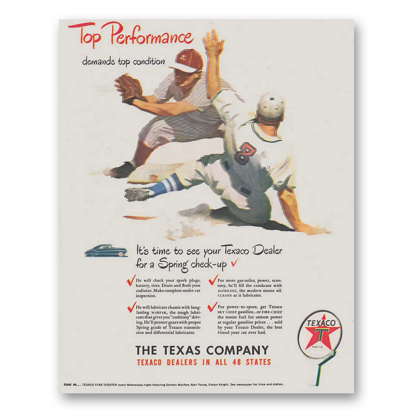 1948 Texaco Top Performance Demands Top Condition Baseball Vintage Magazine Print Ad