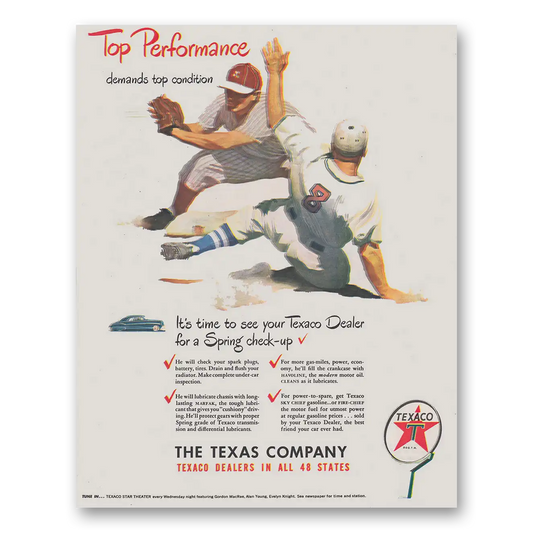 1948 Texaco Top Performance Demands Top Condition Baseball Vintage Magazine Print Ad