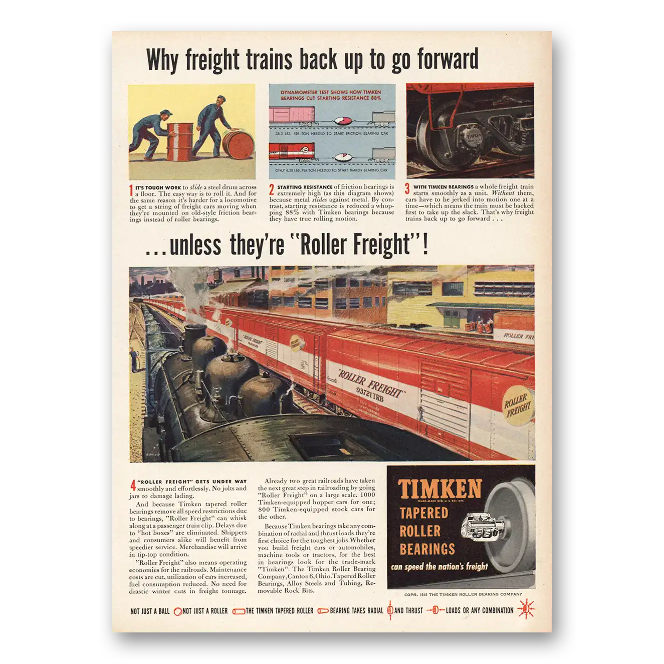 1948 Timken Roller Bearings Freight Trains Back Up to Go Forward Vintage Magazine Print Ad