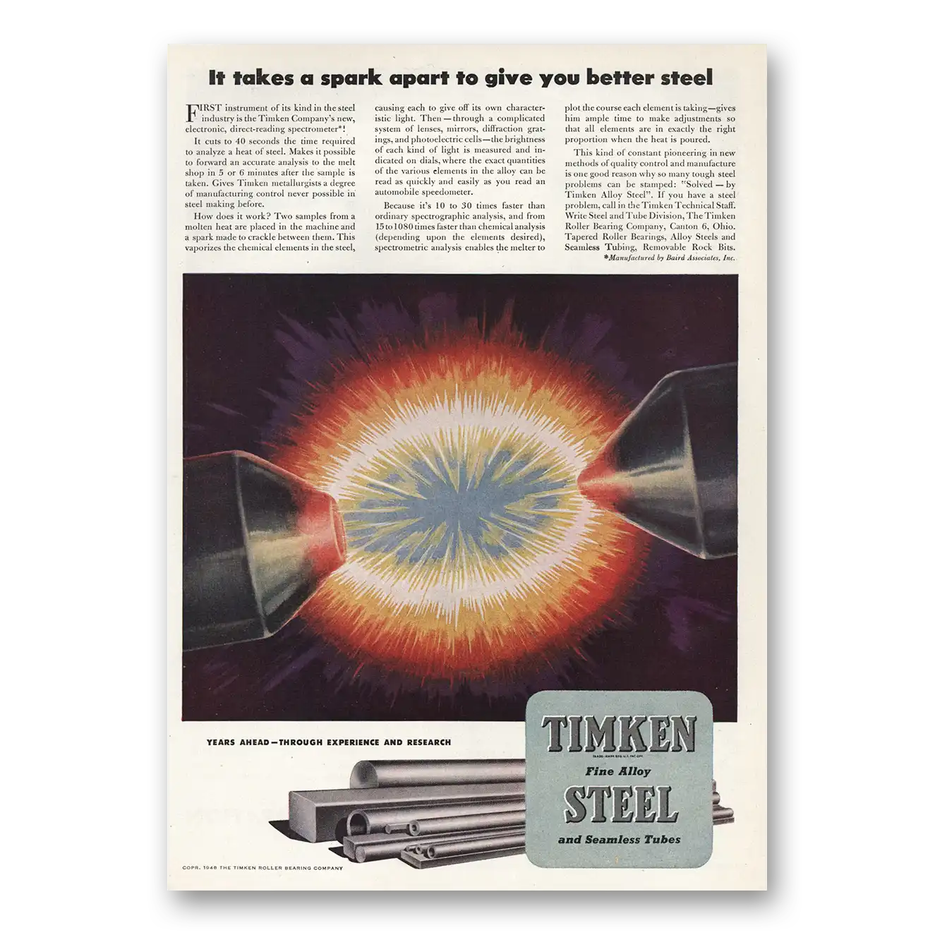 1948 Timken Roller Bearings Steel Takes a Spark Apart Vintage Magazine Print Ad