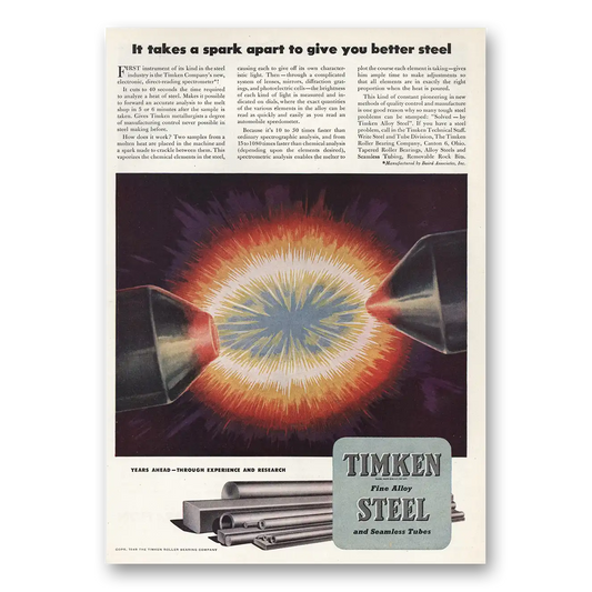 1948 Timken Roller Bearings Steel Takes a Spark Apart Vintage Magazine Print Ad