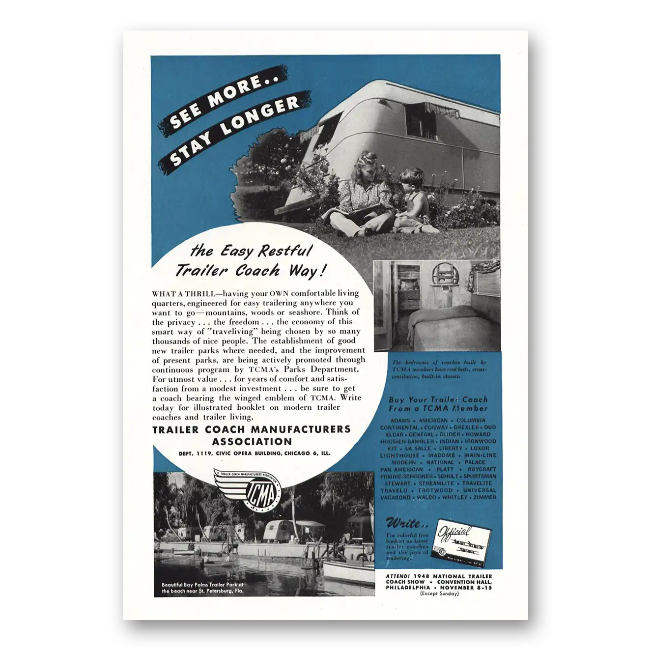 1948 Trailer Coach Manufacturers Easy Restful Trailer Coach Way Vintage Magazine Print Ad