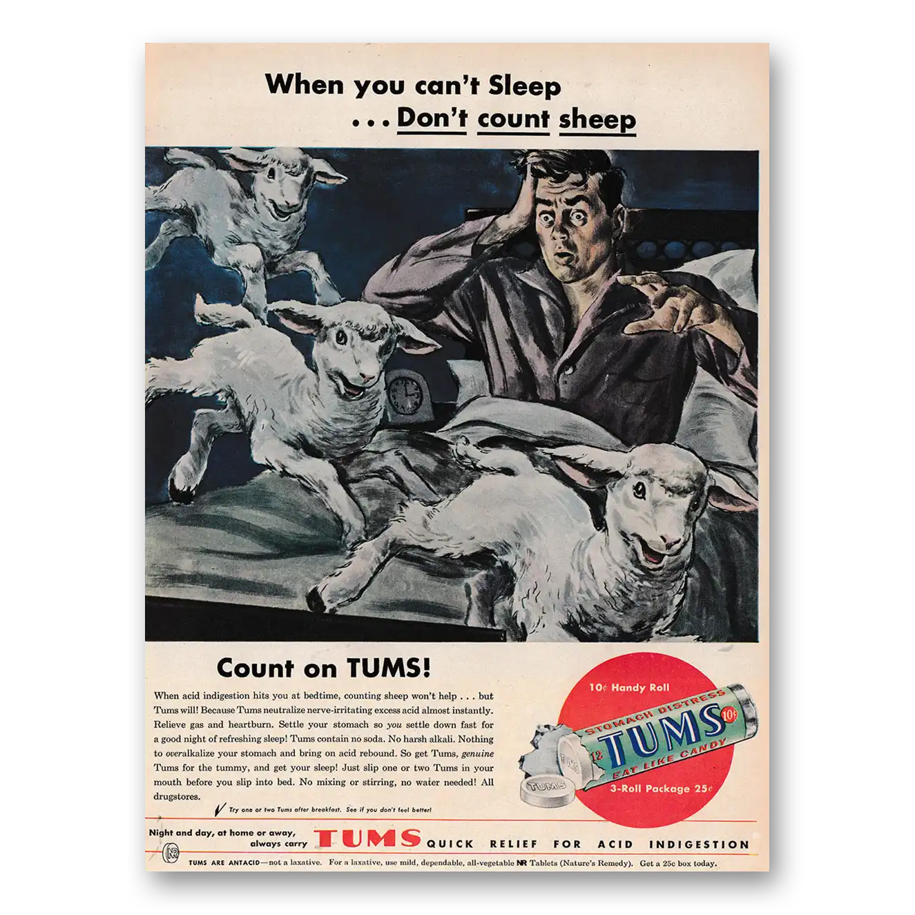 1948 Tums When You Can't Sleep Don't Count Sheep Vintage Magazine Print Ad