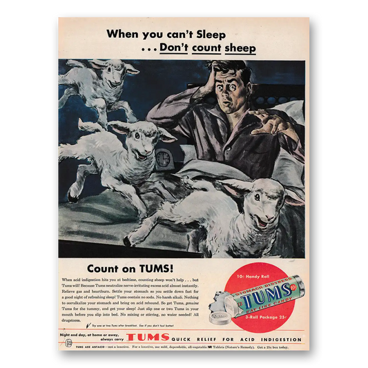 1948 Tums When You Can't Sleep Don't Count Sheep Vintage Magazine Print Ad