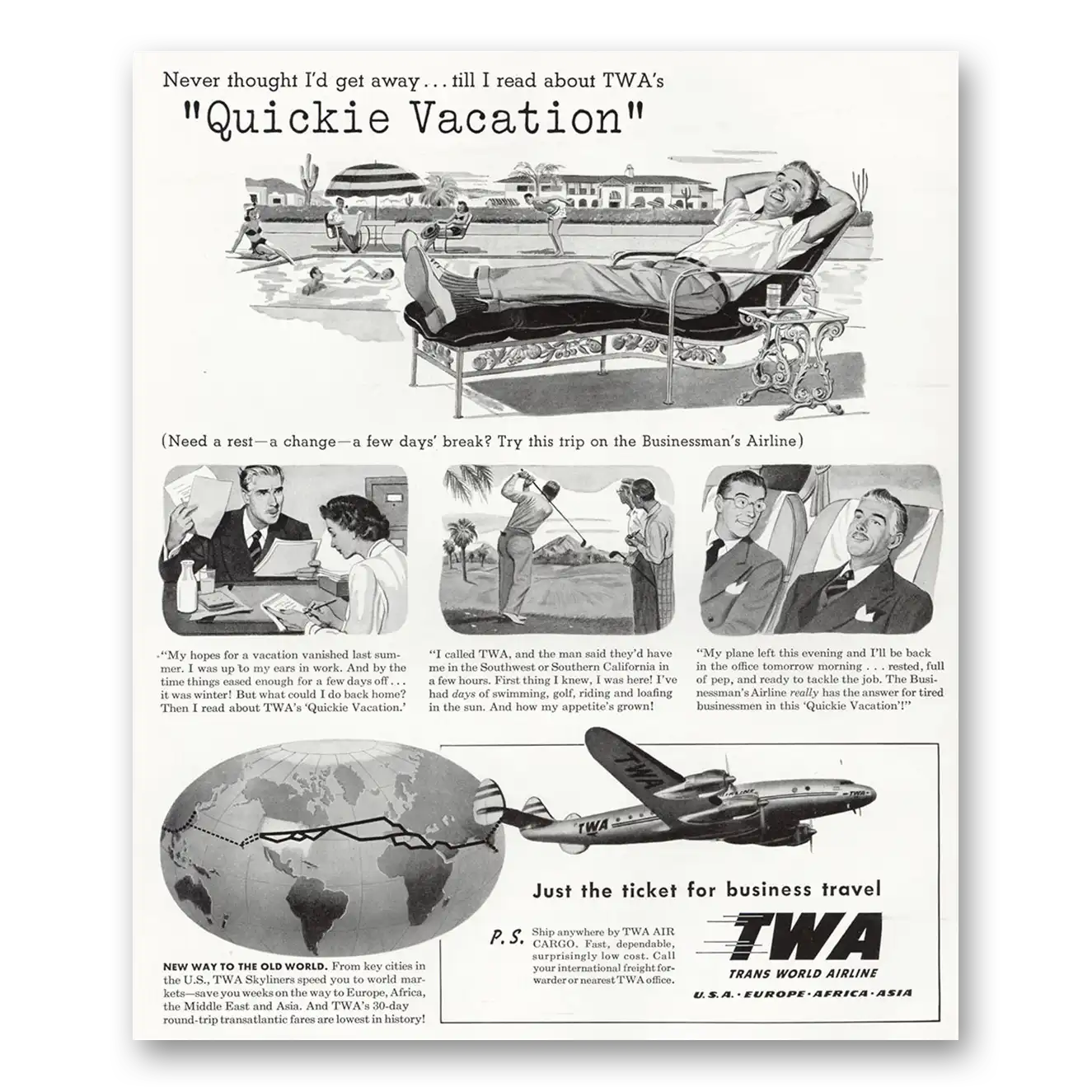 1948 TWA Airlines Quickie Vacation Vintage Magazine Print Ad