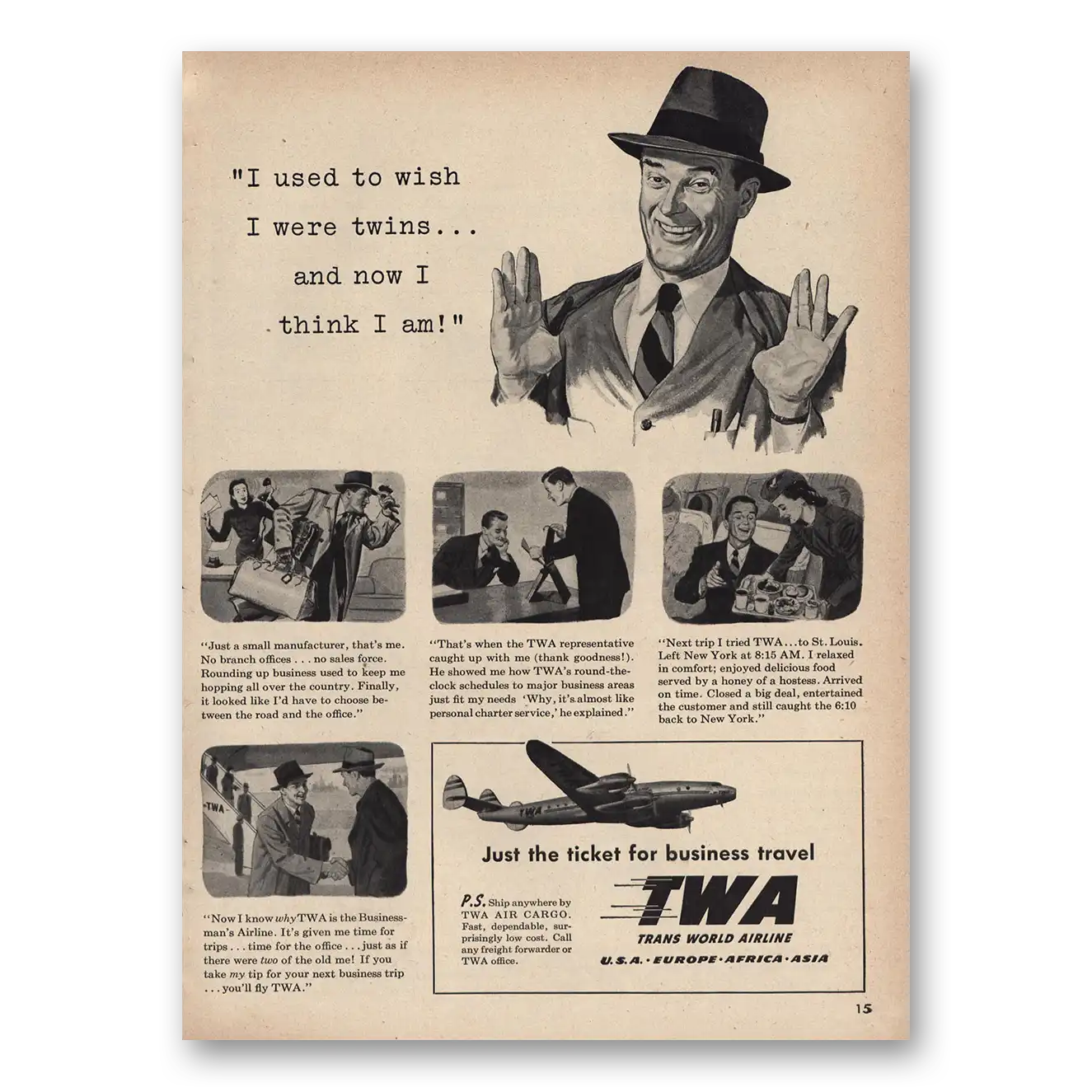 1948 TWA Used to Wish I Were Twins Vintage Magazine Print Ad