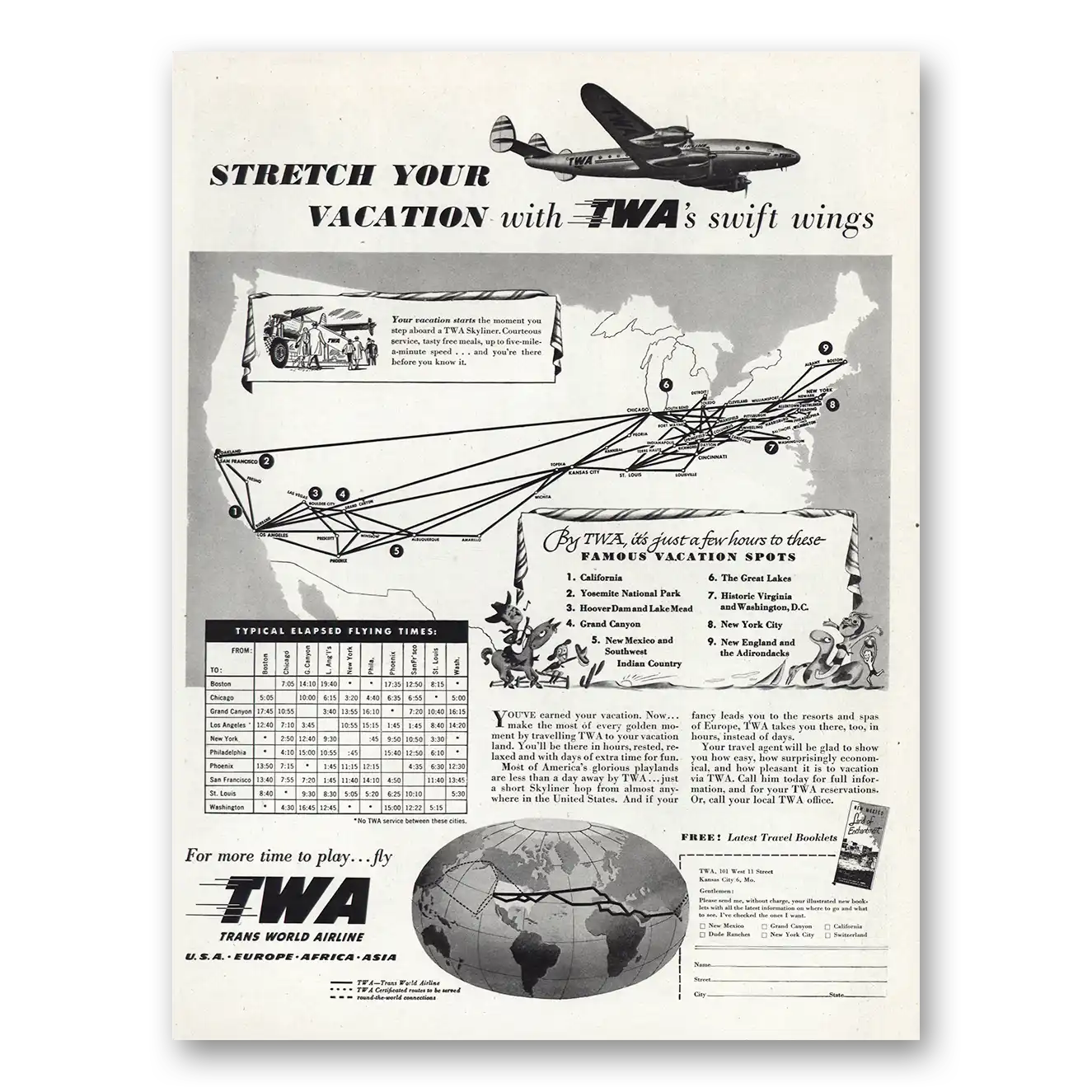 1948 TWA Stretch Your Vacation Vintage Magazine Print Ad