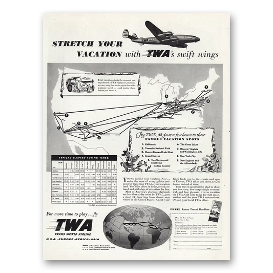 1948 TWA Stretch Your Vacation Vintage Magazine Print Ad