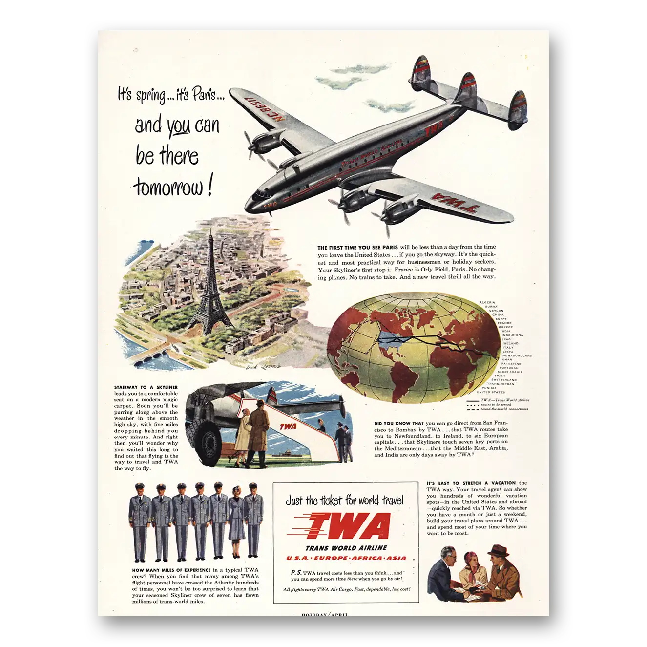 1948 TWA Spring Paris Be There Tomorrow Vintage Magazine Print Ad