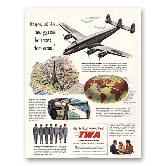 1948 TWA Spring Paris Be There Tomorrow Vintage Magazine Print Ad