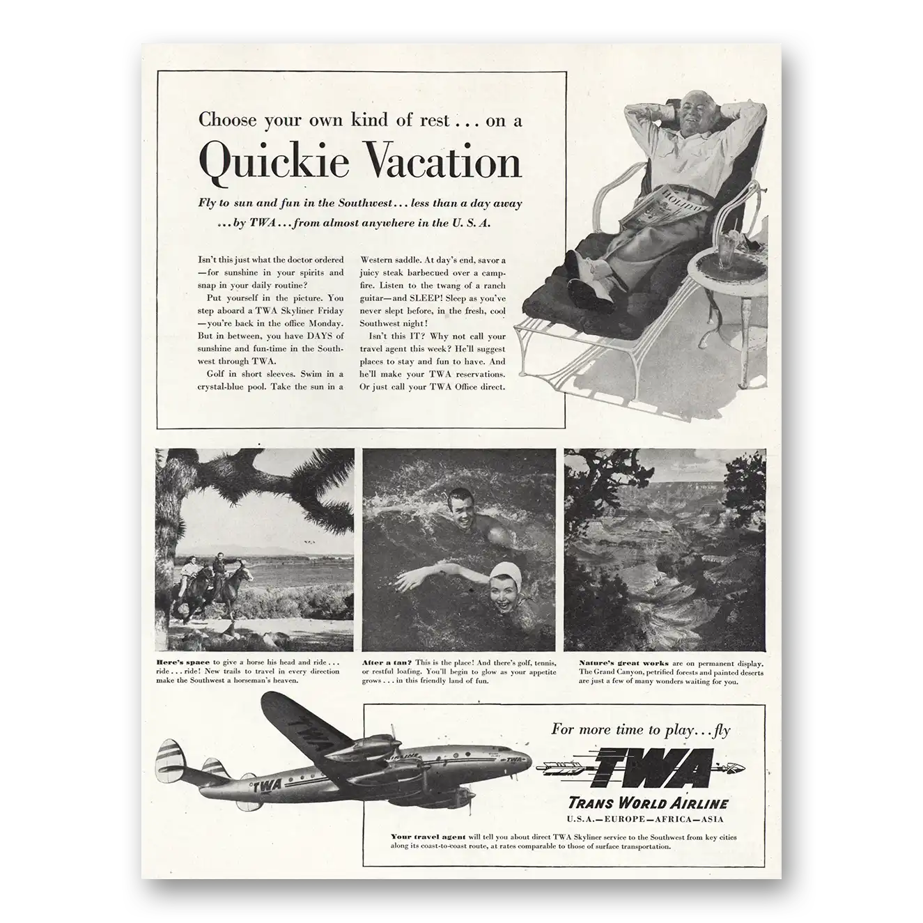 1948 TWA Quickie Vacation Southwest Vintage Magazine Print Ad