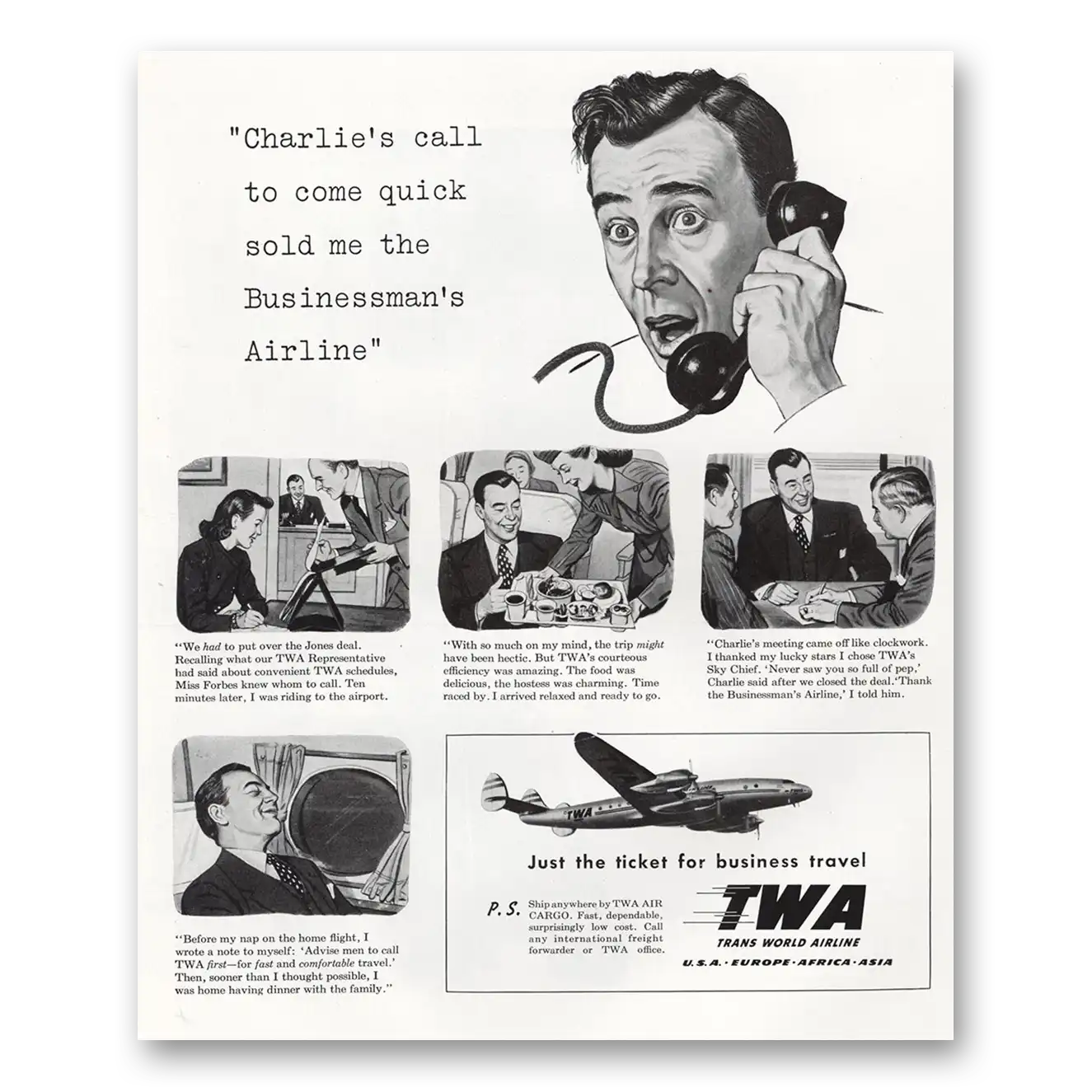 1948 TWA Airlines Charlie's Call to Come Quick Vintage Magazine Print Ad