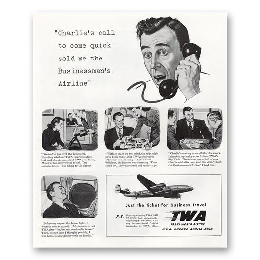 1948 TWA Airlines Charlie's Call to Come Quick Vintage Magazine Print Ad