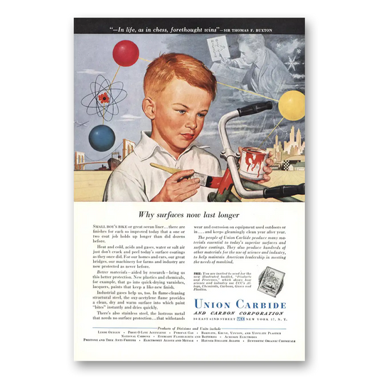 1948 Union Carbide Surfaces Now Last Longer Vintage Magazine Print Ad