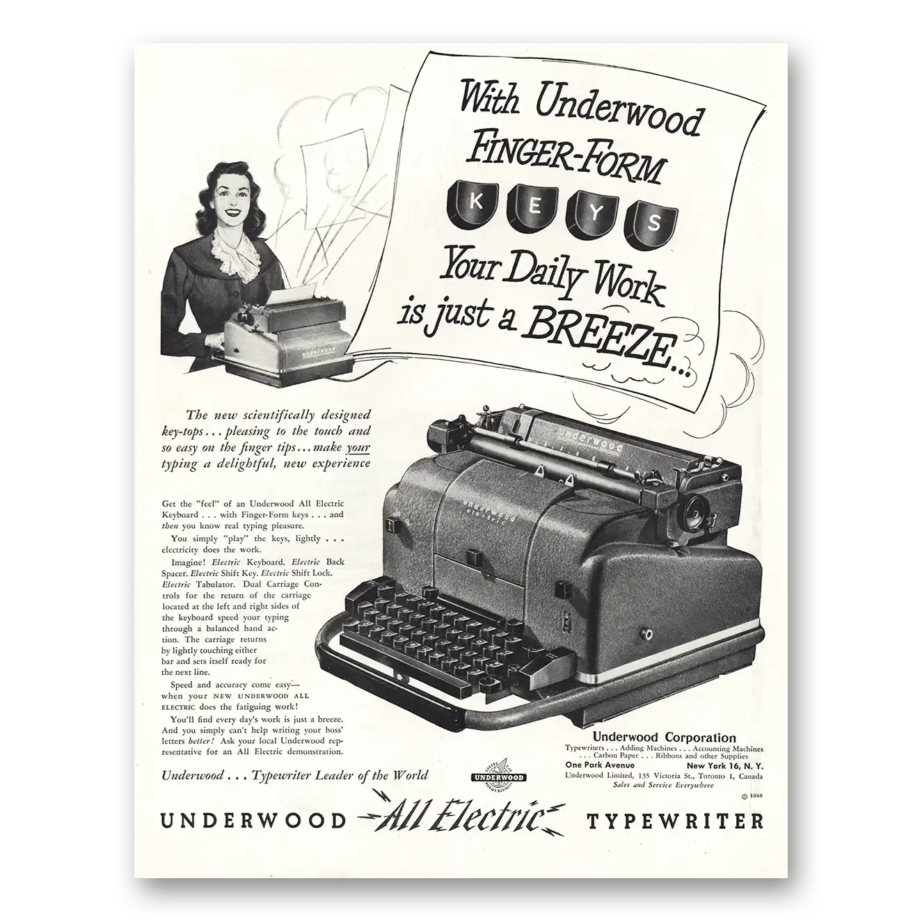 1948 Underwood Typewriter Finger Form Daily Work Is Just Breeze Vintage Magazine Print Ad