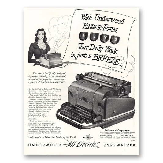 1948 Underwood Typewriter Finger Form Daily Work Is Just Breeze Vintage Magazine Print Ad