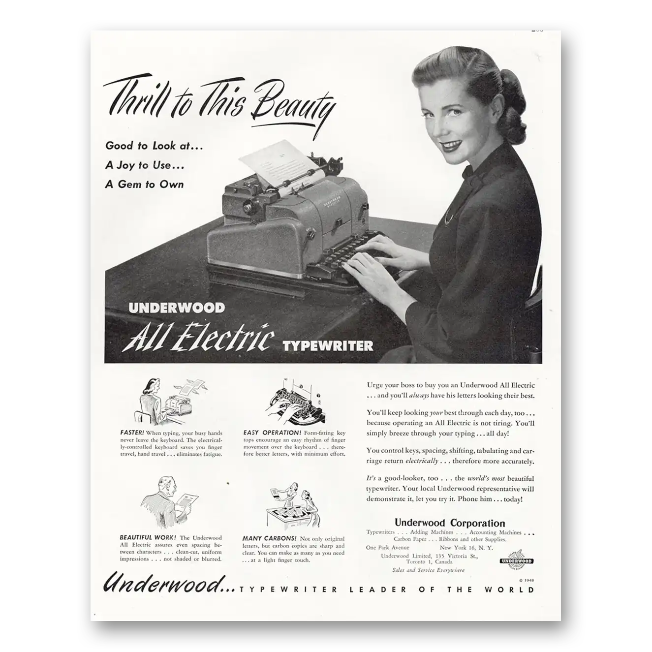 1948 Underwood Typewriter Thrill To This Beauty Vintage Magazine Print Ad