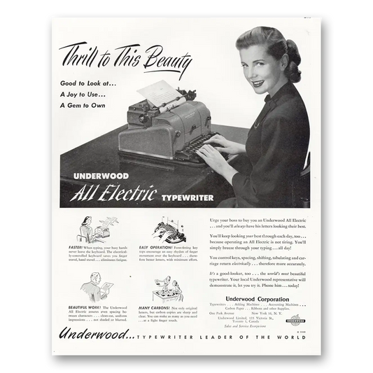 1948 Underwood Typewriter Thrill To This Beauty Vintage Magazine Print Ad