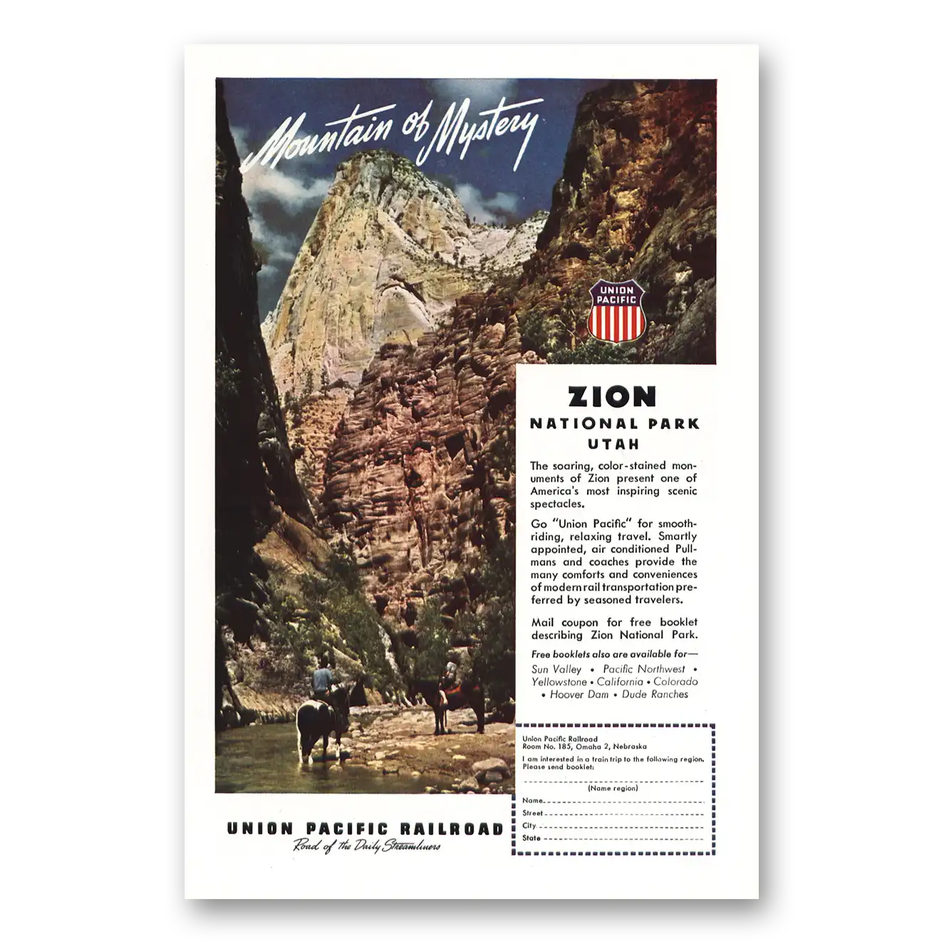 1948 Union Pacific Railroad Mountain of Mystery Zion Vintage Magazine Print Ad