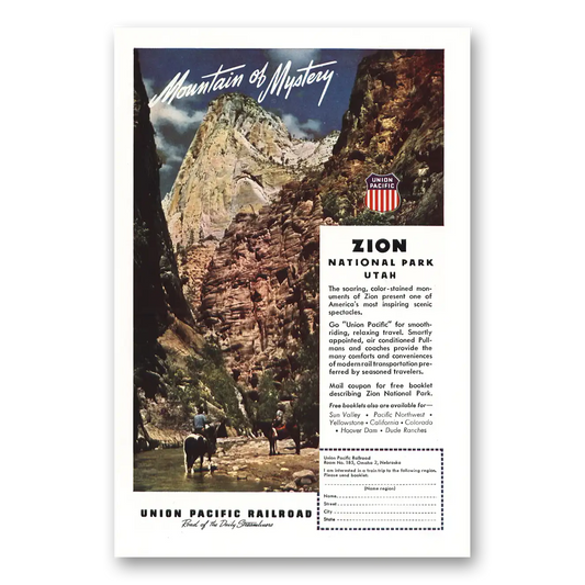 1948 Union Pacific Railroad Mountain of Mystery Zion Vintage Magazine Print Ad