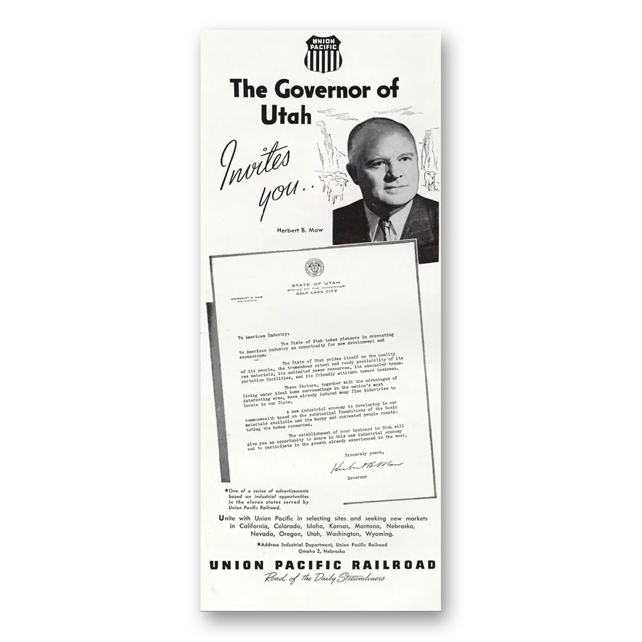 1948 Union Pacific Railroad Governor of Utah Vintage Magazine Print Ad