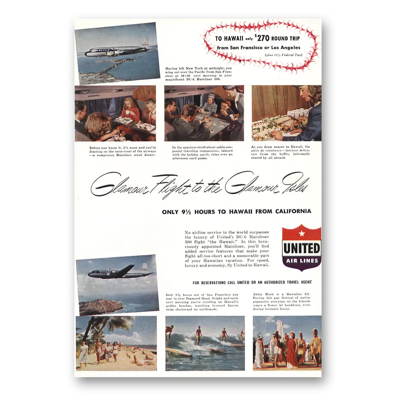 1948 United Airlines Glamour Flight to the Glamour Isles Vintage Magazine Print Ad