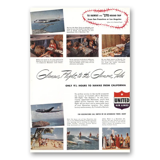 1948 United Airlines Glamour Flight to the Glamour Isles Vintage Magazine Print Ad