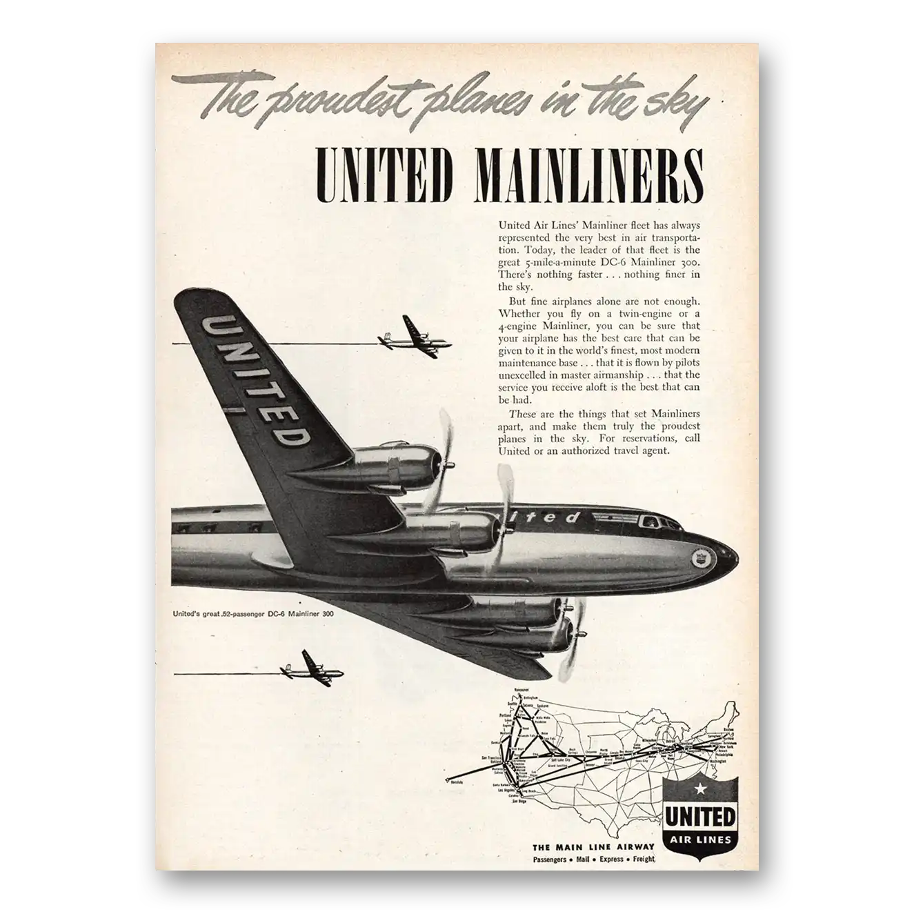 1948 United Airlines Proudest Planes in the Sky Mainliners Vintage Magazine Print Ad