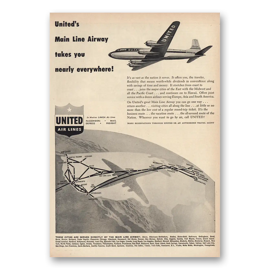 1948 United Airlines Main Line Airway Vintage Magazine Print Ad