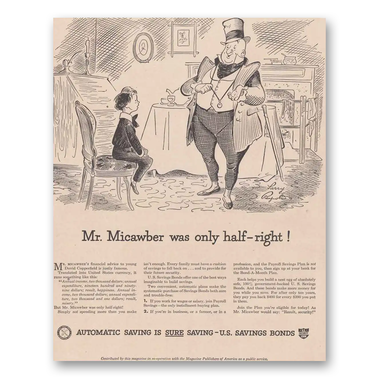 1948 United States Savings Bonds Mr Micawber Vintage Magazine Print Ad