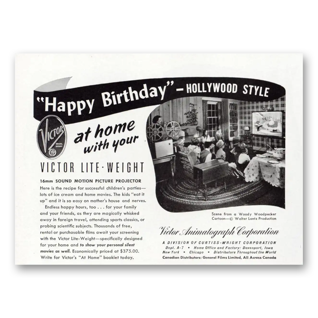 1948 Victor Animatograph Happy Birthday Hollywood Style Vintage Magazine Print Ad